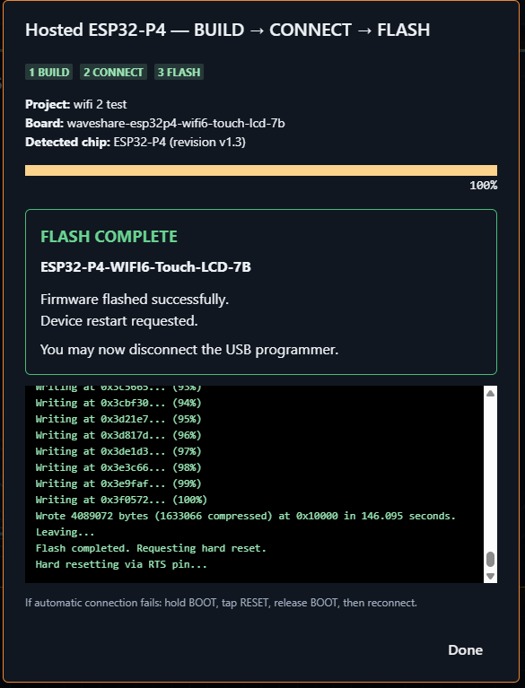 ForgeUI Hosted Studio confirming a successful browser flash to the Waveshare ESP32-P4-WIFI6-Touch-LCD-7B